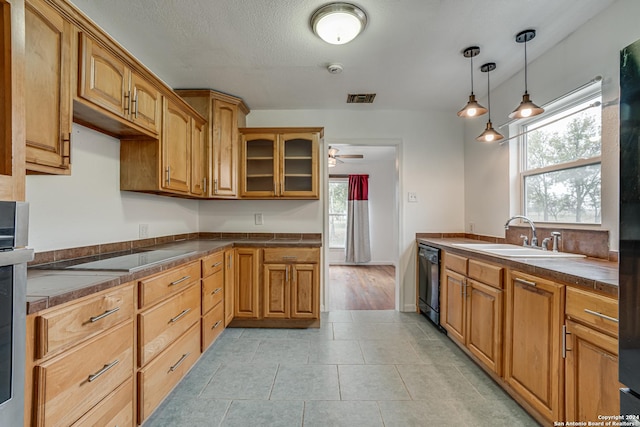 kitchen with ceiling fan, sink, a textured ceiling, decorative light fixtures, and black appliances