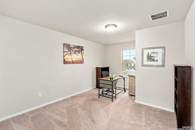 office space with light colored carpet and a textured ceiling