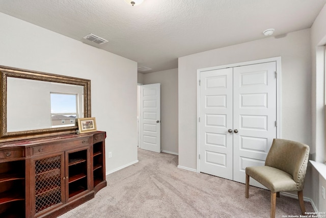 living area featuring a textured ceiling and light colored carpet