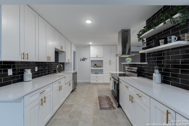 kitchen with tasteful backsplash, stainless steel appliances, sink, wall chimney range hood, and white cabinets