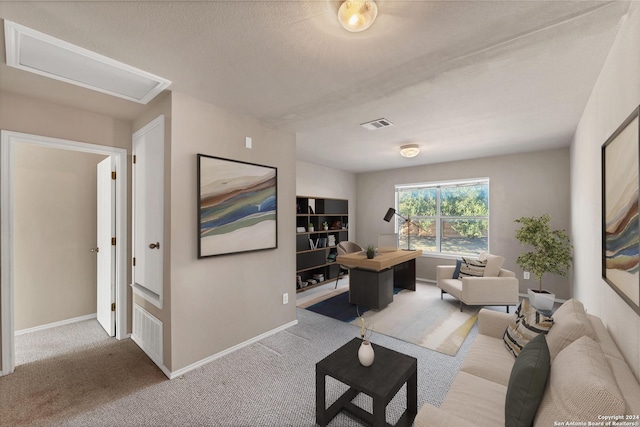 carpeted living room featuring a textured ceiling