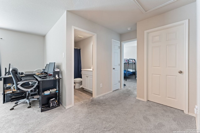 office area featuring light colored carpet and a textured ceiling