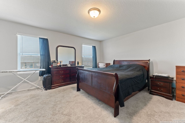 carpeted bedroom with multiple windows and a textured ceiling