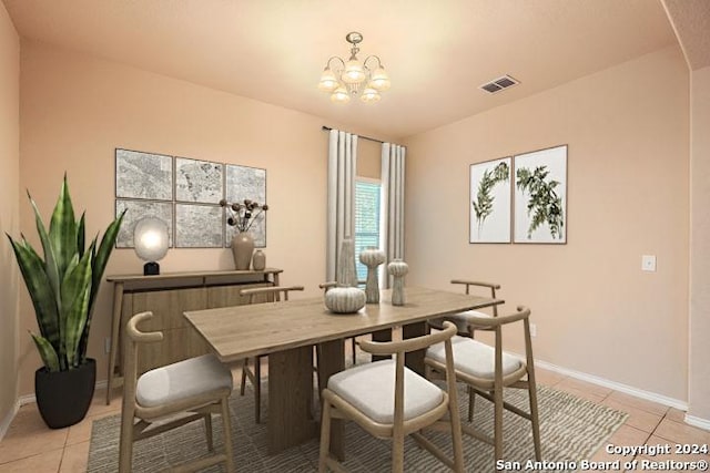 tiled dining area featuring an inviting chandelier