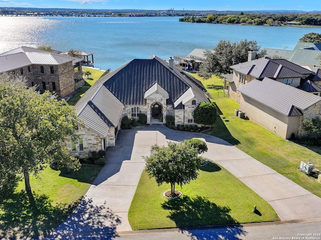 drone / aerial view featuring a water view