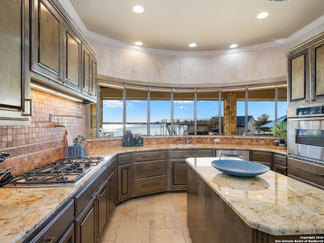 kitchen with dark brown cabinetry, light stone countertops, stainless steel appliances, tasteful backsplash, and a water view