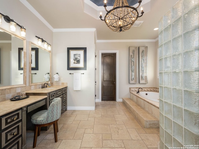 bathroom featuring a chandelier, vanity, ornamental molding, and tiled tub