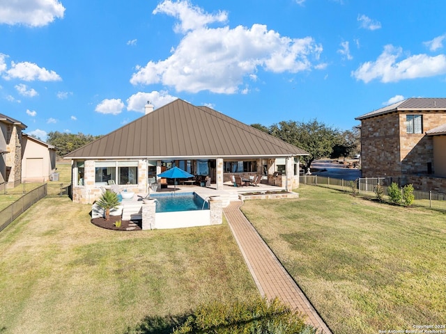 view of pool with a lawn, a gazebo, and a patio area