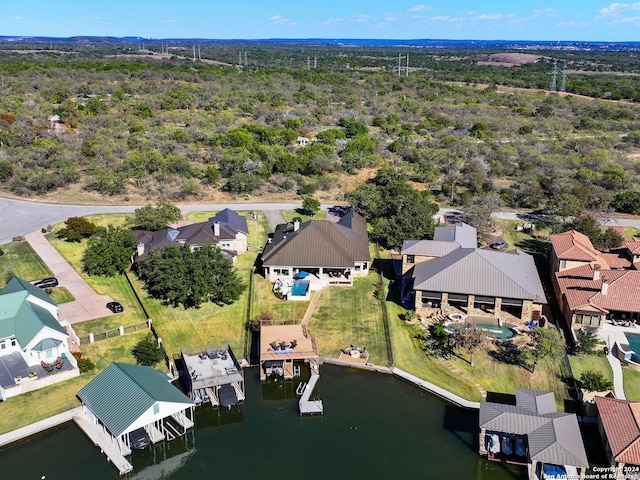 drone / aerial view featuring a water view