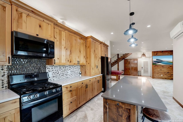 kitchen with appliances with stainless steel finishes, decorative light fixtures, tasteful backsplash, and wood walls