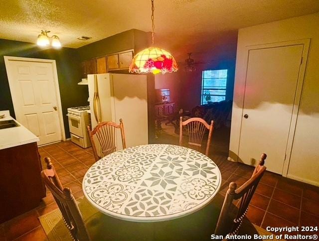 dining space with sink, dark tile patterned flooring, and a textured ceiling