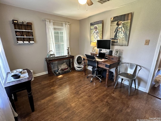 home office with ceiling fan, a healthy amount of sunlight, and dark hardwood / wood-style flooring