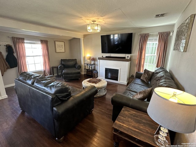 living room with dark hardwood / wood-style floors and a textured ceiling