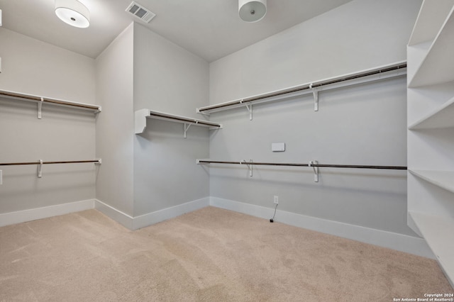 walk in closet with light carpet