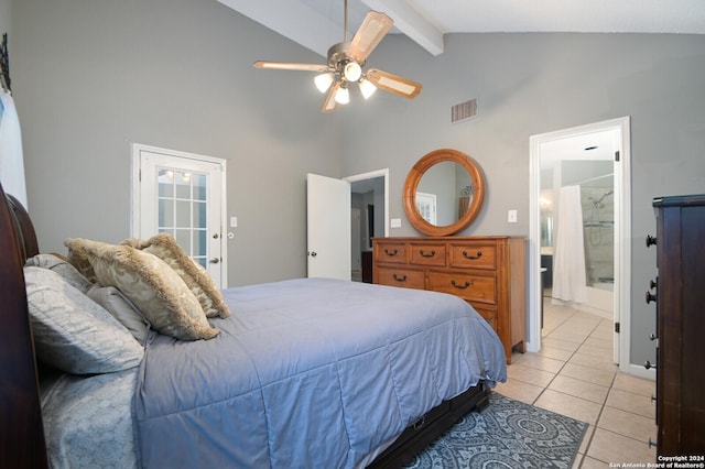 tiled bedroom featuring beam ceiling, ensuite bath, ceiling fan, and high vaulted ceiling