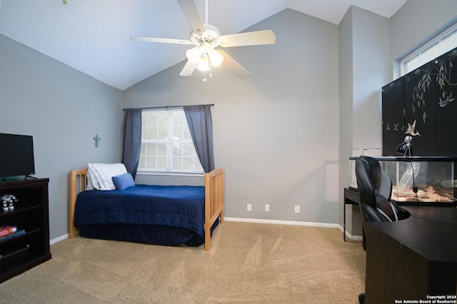 carpeted bedroom featuring ceiling fan and lofted ceiling