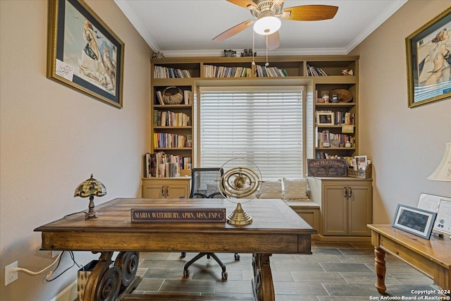 office featuring ceiling fan and crown molding