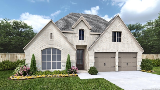 french country inspired facade with a front yard, concrete driveway, and brick siding