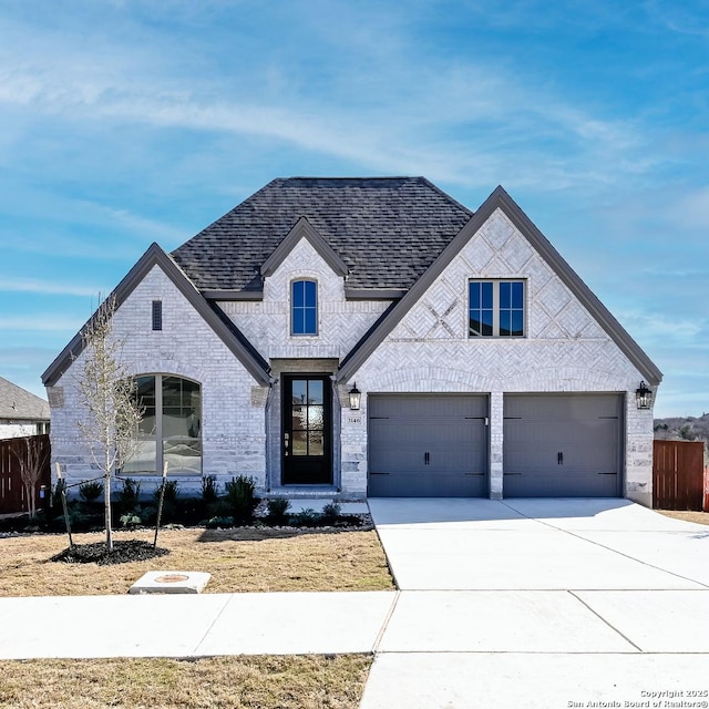 french provincial home with a shingled roof, concrete driveway, brick siding, and fence