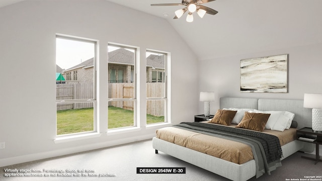 carpeted bedroom featuring ceiling fan and lofted ceiling