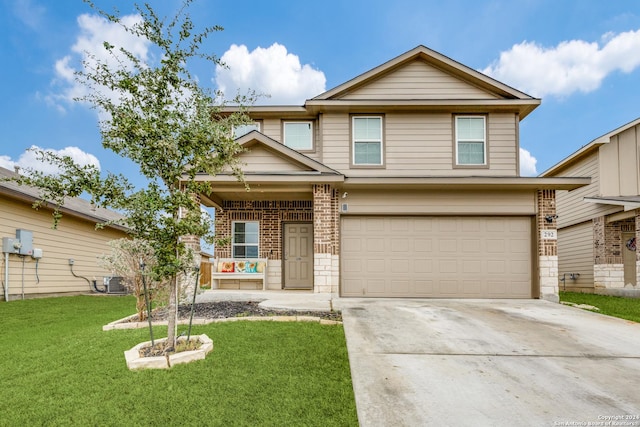 front of property with cooling unit, a front yard, and a garage