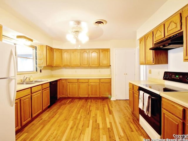 kitchen with white appliances, light hardwood / wood-style flooring, ceiling fan, and sink