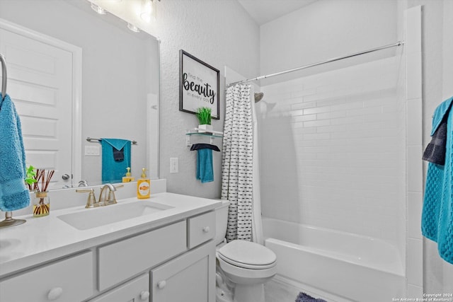 full bathroom with vanity, toilet, and shower / bathtub combination with curtain