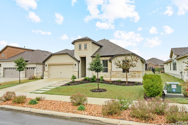 92 Simpatico, Boerne, TX 78006 - view of front of house featuring stucco siding, stone siding, a residential view, a garage, and a front yard