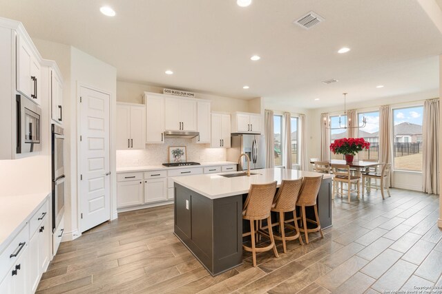 92 Simpatico, Boerne, TX 78006 - kitchen with appliances with stainless steel finishes, under cabinet range hood, light wood-style flooring, a kitchen island with sink, and recessed lighting