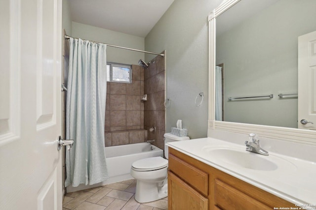 full bathroom with vanity, tile patterned flooring, shower / bathtub combination with curtain, and toilet