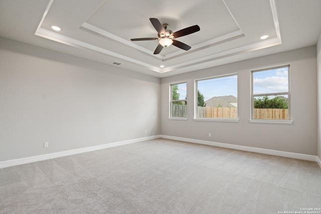 spare room featuring carpet, ceiling fan, and a tray ceiling