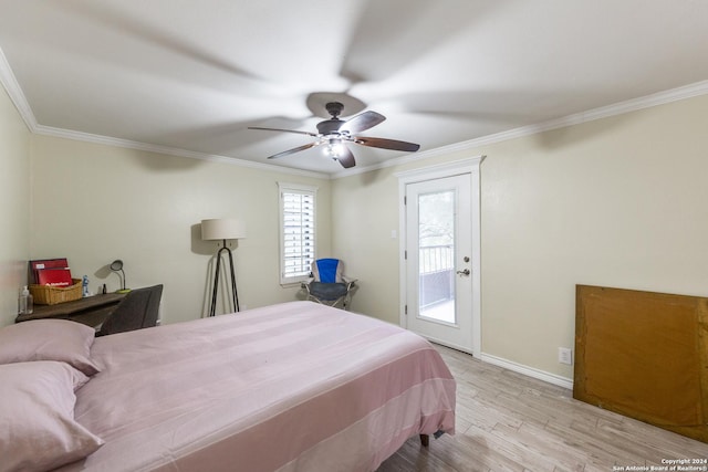 bedroom with access to exterior, light wood-type flooring, ceiling fan, and ornamental molding