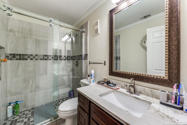 bathroom featuring vanity, toilet, an enclosed shower, and ornamental molding