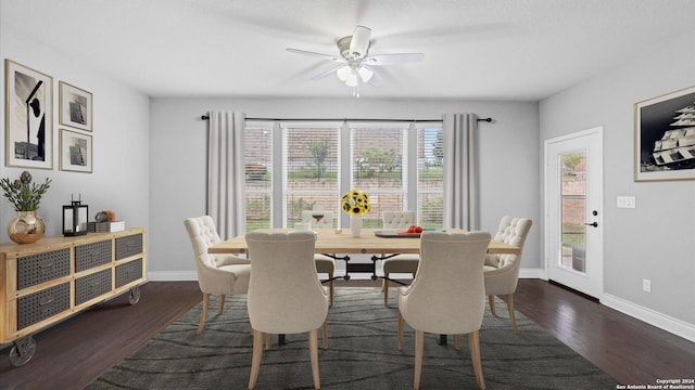 dining room with dark hardwood / wood-style floors, a healthy amount of sunlight, and ceiling fan