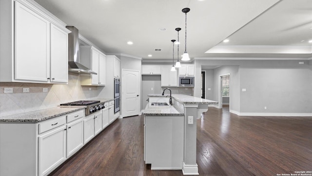 kitchen with sink, wall chimney exhaust hood, dark hardwood / wood-style floors, a center island with sink, and appliances with stainless steel finishes