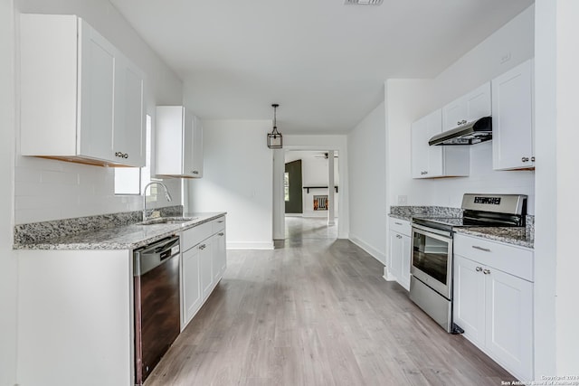 kitchen with sink, electric range, dishwasher, white cabinets, and light hardwood / wood-style floors