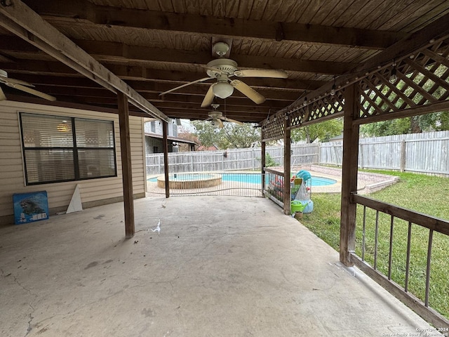 view of patio with a fenced in pool and ceiling fan