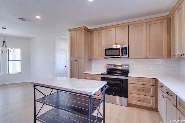 kitchen featuring light hardwood / wood-style flooring, backsplash, a chandelier, pendant lighting, and appliances with stainless steel finishes