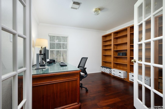 home office featuring crown molding, dark hardwood / wood-style flooring, and french doors