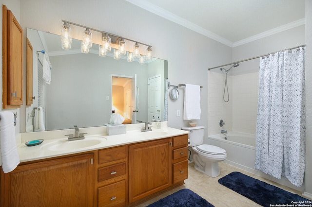 full bathroom with toilet, shower / tub combo with curtain, vanity, and ornamental molding