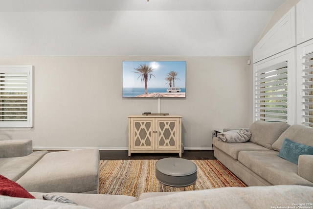 living room featuring plenty of natural light, wood-type flooring, and lofted ceiling