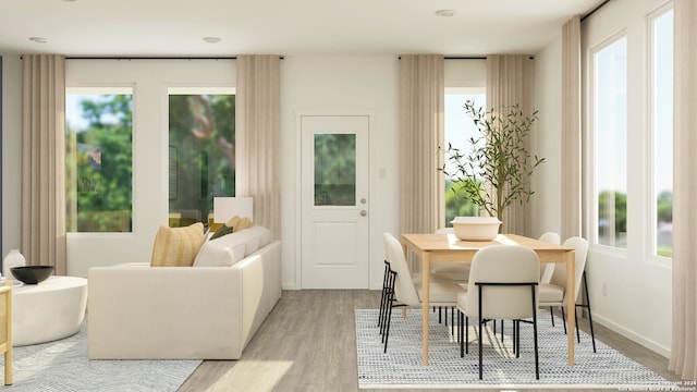 dining area featuring plenty of natural light and light hardwood / wood-style flooring