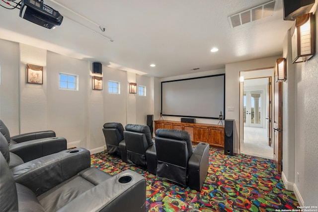 home theater with carpet floors