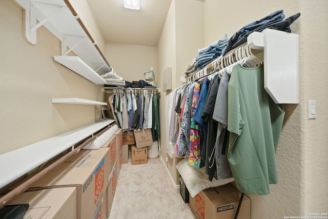 walk in closet with light carpet