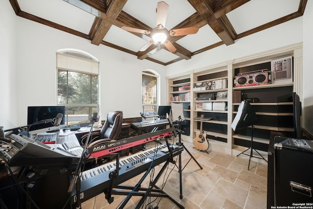 office area featuring beamed ceiling, ornamental molding, ceiling fan, and coffered ceiling