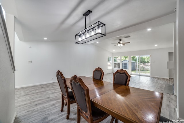 dining area featuring light hardwood / wood-style floors and ceiling fan