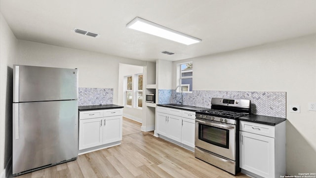 kitchen featuring backsplash, white cabinetry, sink, and appliances with stainless steel finishes