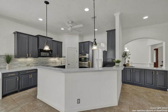 kitchen featuring stainless steel appliances, gray cabinetry, a center island, and hanging light fixtures