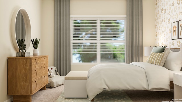 bedroom featuring light carpet and multiple windows