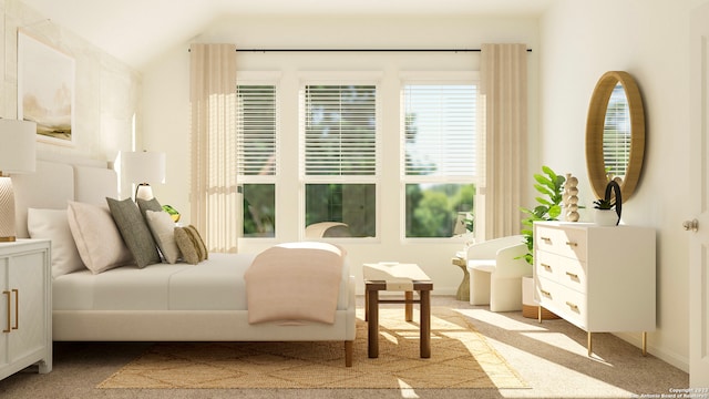 bedroom with lofted ceiling and light carpet